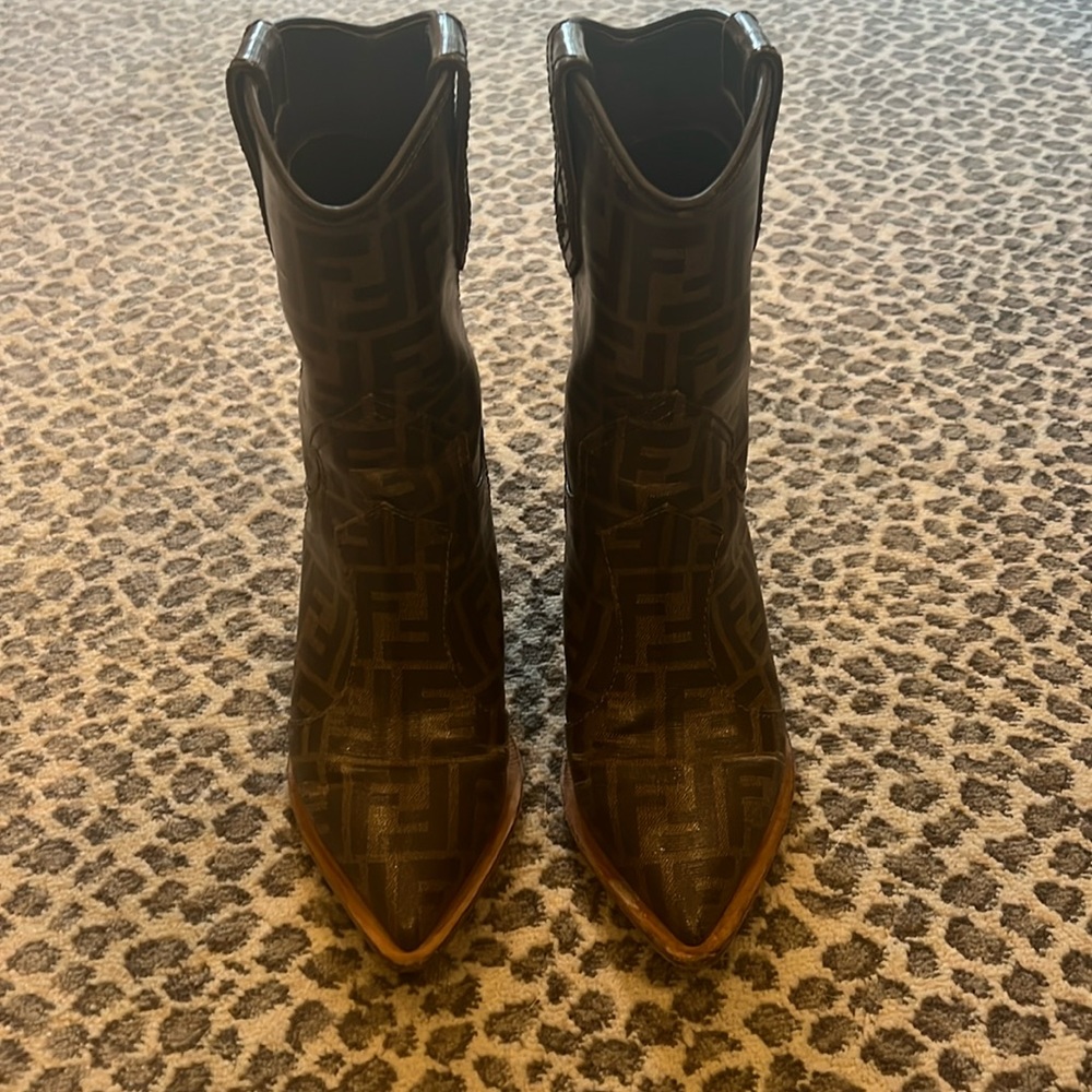 Fendi Brown Zucca Coated Canvas Pointed Toe Ankle Boots Size 36